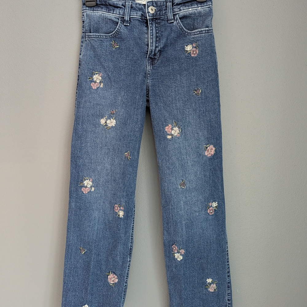 Abercrombie kids high-rise wide leg floral stitch denim jeans 13/14 regular